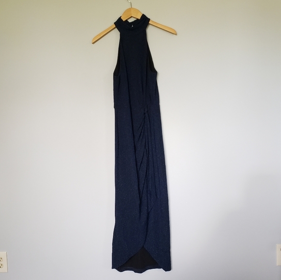 Saylor Aida Metalic Midnight Blue Sparkle Mock Neck Knot Midi Dress Sz Medium - Picture 2 of 5